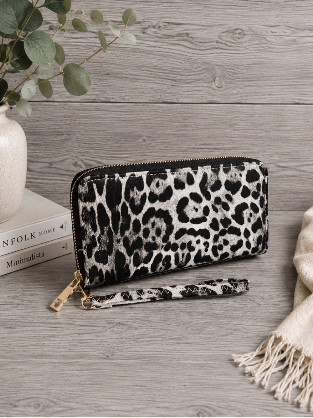 Leopard Print Zip-Around Wallet Wristlet in Black & White